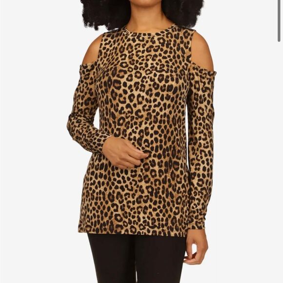 Michael Michael Kors Cheetah Long Sleeve Cold-Shoulder Camel Size XSMALL - Picture 1 of 13
